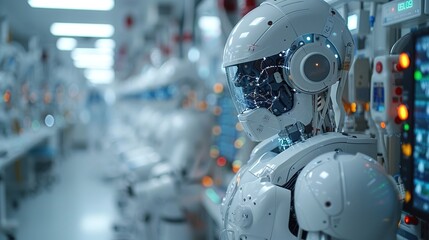 Fototapeta premium A futuristic robotic figure in a high-tech facility, showcasing advanced technology and design.