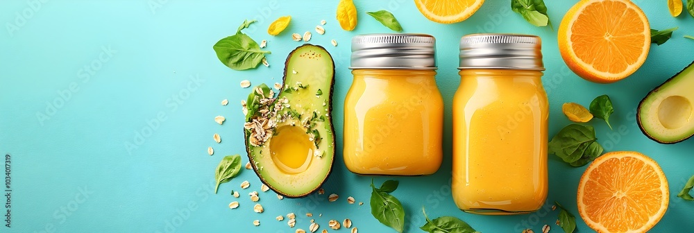 Aufkleber delicious and healthy breakfast spread of avocado toast and fresh smoothie served on a colorful patt