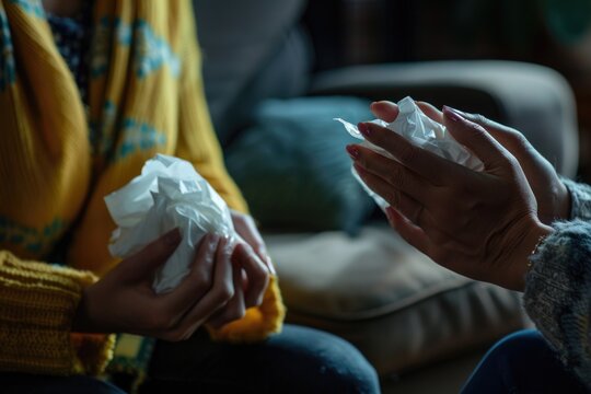 Two people holding tissue boxes while seated on a couch, possibly dealing with illness or allergies - Powered by Adobe