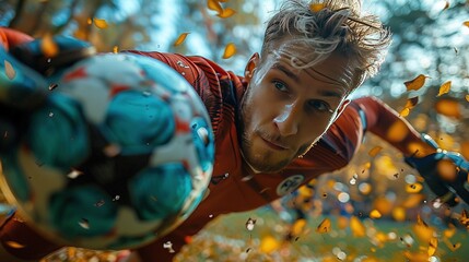 A goalkeeper diving for a ball amidst falling autumn leaves.