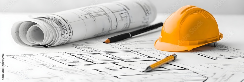 Poster detailed home blueprint sketches and plans spread out on a wooden desk symbolizing the planning desi