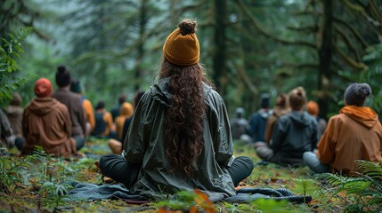 Fototapeta premium A group meditates in a serene forest, promoting mindfulness and connection with nature.