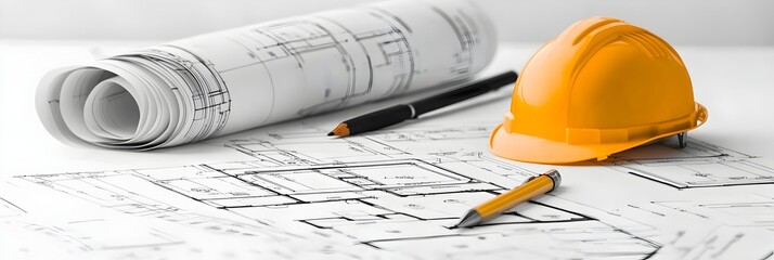 Detailed home blueprint sketches and plans spread out on a wooden desk symbolizing the planning design and engineering process for a new residential construction project or architectural design