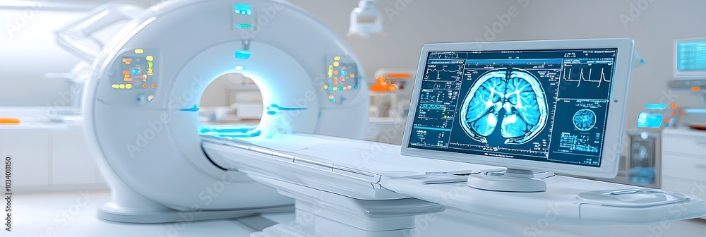 Poster digital display showcasing the results of a ct scan in a clinical healthcare setting providing medic