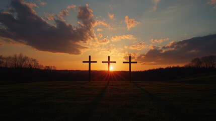 Obraz premium The Three Crosses on Calvary in the Sunset. Christianity and Jesus Christ simbolism.