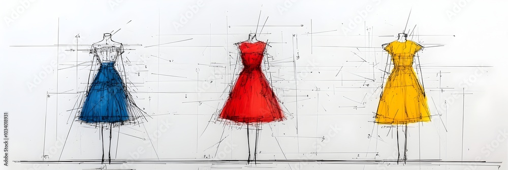 Aufkleber elegant minimalist silhouettes of dresses sketched in striking outlines against bright colorful back