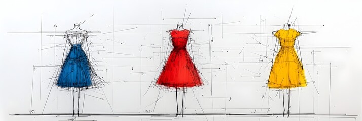 Elegant minimalist silhouettes of dresses sketched in striking outlines against bright colorful backgrounds creating a dynamic fashion design concept for and creativity