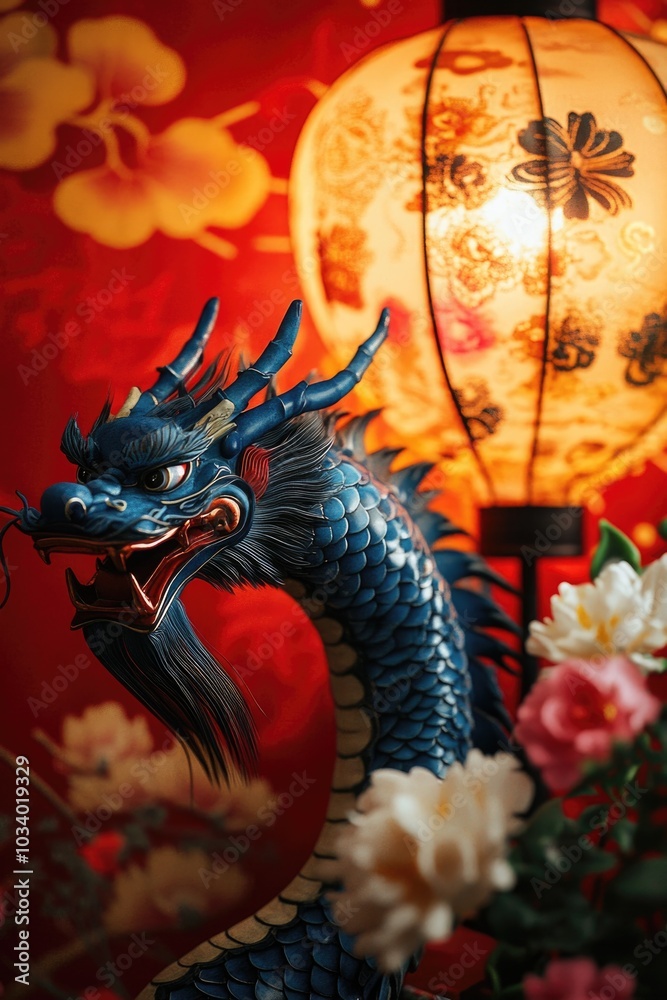 Poster a statue of a dragon with a lantern in the background, perfect for fantasy or mythical themed images