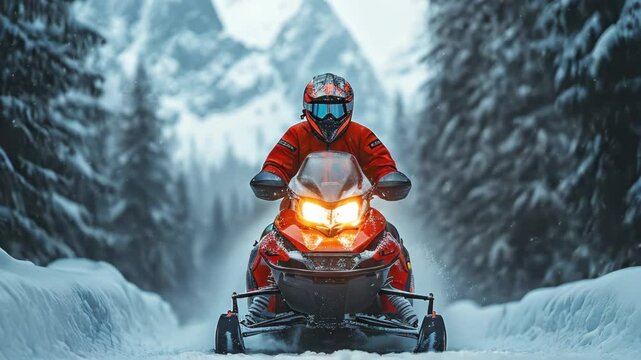 In deep snowdrift snowmobile rider man driving fast. Riding with fun in white snow during backcountry tour. Extreme sport adventure, outdoor activity during winter holiday on ski mountain resort. 