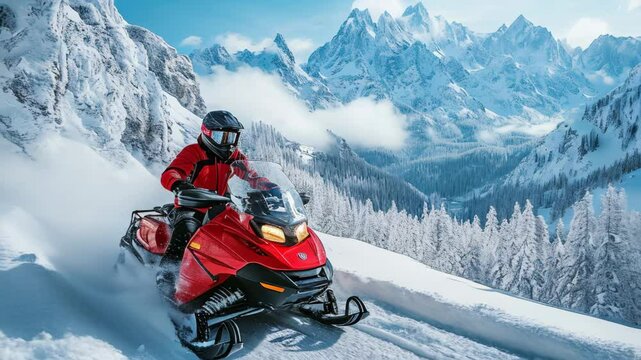 In deep snowdrift snowmobile rider man driving fast. Riding with fun in white snow during backcountry tour. Extreme sport adventure, outdoor activity during winter holiday on ski mountain resort. 