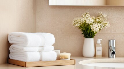Neatly arranged white towels and flowers in a modern bathroom setting, creating a serene and inviting atmosphere