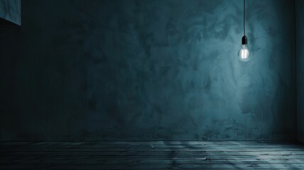 Dark empty room with single flickering light bulb casting long shadows, emphasizing absence of power and eerie atmosphere, minimalist setting with focus on light bulb's glow.