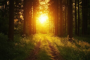 Fototapeta premium Forest scenery with sunlight shining through leaves