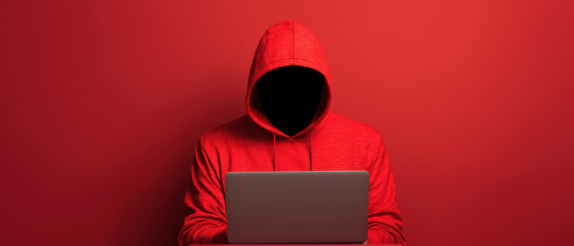 A figure in a red hoodie sits before a laptop, shrouded in darkness against a bright red background, evoking themes of anonymity and mystery.
