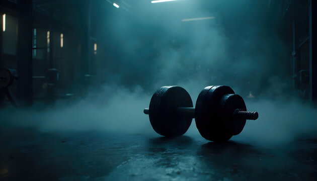 Dark dumbbell resting on a dark gym floor, surrounded by shadows. Perfect for fitness themes, strength training, and showcasing workout environments in a moody aesthetic