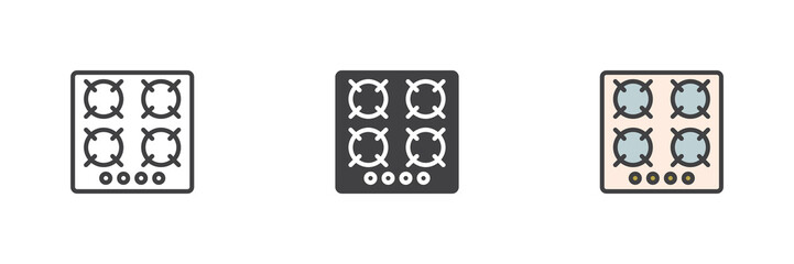 Gas stove top view different style icon set