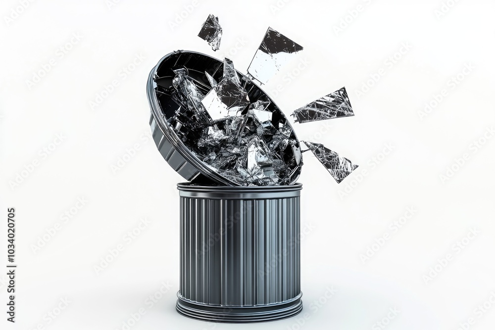 Poster a trash can with broken glass on top, often used as a symbol for littering or pollution