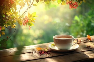 A single serving of coffee on a wooden table, ready to be enjoyed