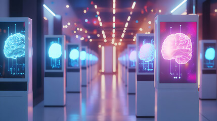 3D Neuro Feedback Polling Station Concept: Close-Up on Voters' Brain Activity Monitoring During Voting, with Sleek Neuro Sensors and Data Displays, Isolated on White Background Featuring Brainwave Vis