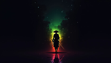 silhouette of a samurai walking 