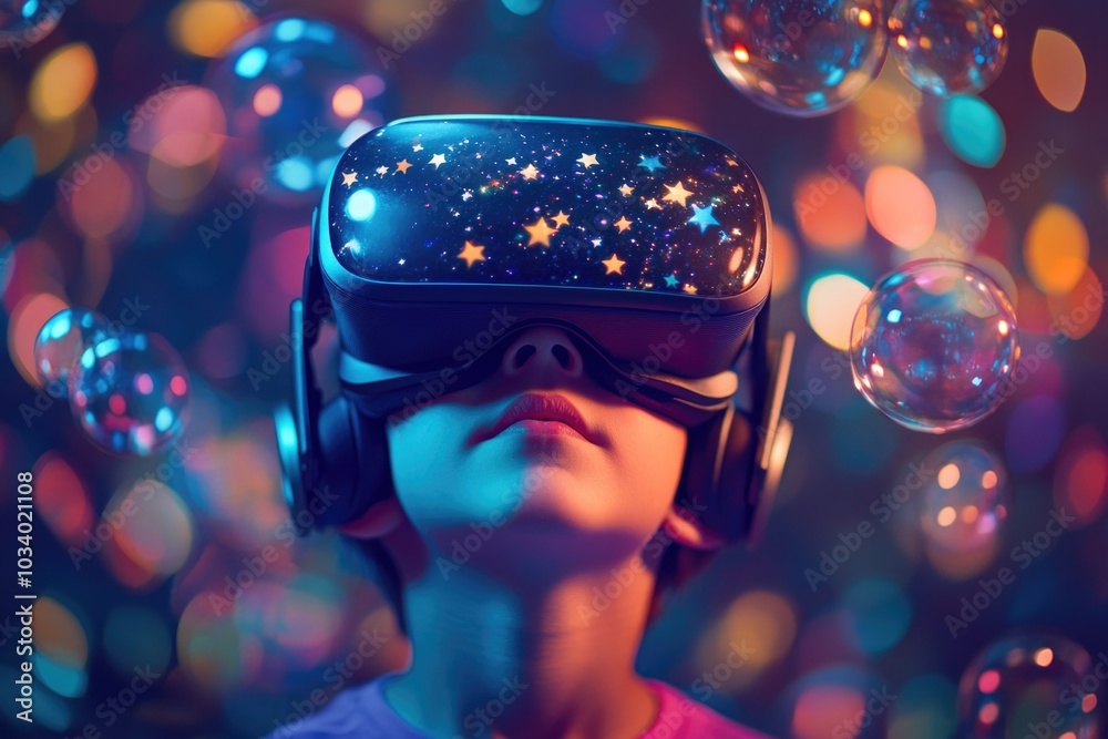 Poster a person enjoying virtual reality experience surrounded by colorful bubbles