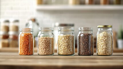 A collection of whole grains is neatly organized in glass jars, showcasing vibrant colors and textures. The setting features a bright and clean background, perfect for highlighting healthy eating