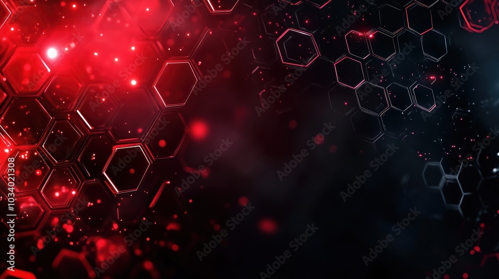 Poster Red glowing light effect on a dark hexagon-patterned background, representing a futuristic technology and science concept. This 3D-rendered design features a close-up shot in 4K resolution with ultra-