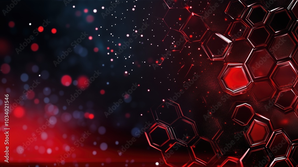Aufkleber Red glowing light effect on a dark hexagon-patterned background, representing a futuristic technology and science concept. This 3D-rendered design features a close-up shot in 4K resolution with ultra-