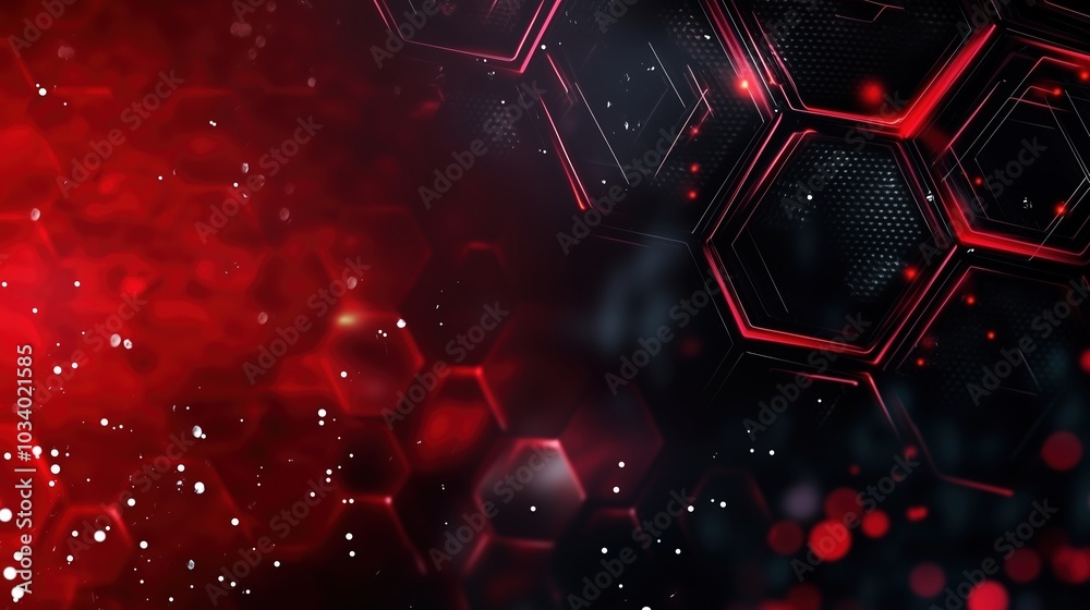 Aufkleber Red glowing light effect on a dark hexagon-patterned background, representing a futuristic technology and science concept. This 3D-rendered design features a close-up shot in 4K resolution with ultra-