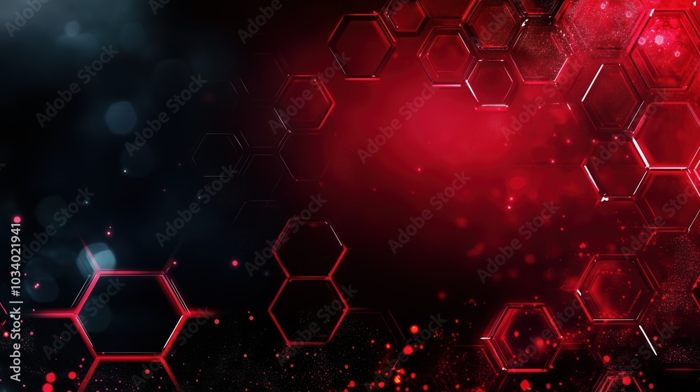 Poster Red glowing light effect on a dark hexagon-patterned background, representing a futuristic technology and science concept. This 3D-rendered design features a close-up shot in 4K resolution with ultra-