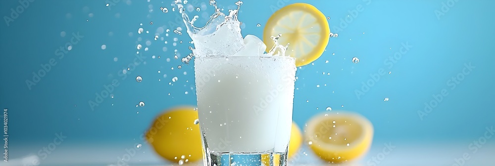 Poster frozen moment of ice cubes splashing into a glass of chilled lemonade capturing the dynamic movement