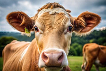 Brown cow with ear tag looking at camera farm animal portrait