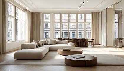 Modern Living Room with Large Windows and Beige Furniture