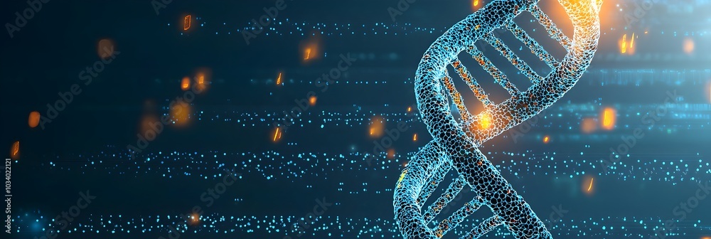 Poster glowing abstract dna helix silhouette on dark background symbolizing genetics and biotechnology adva