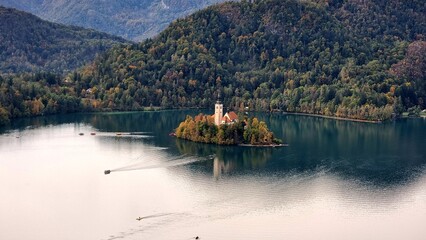 Island with the church in the middle of the Bled Lake in Slovenia in Julian Alps