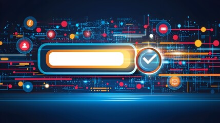 Obraz premium A captivating minimalist image depicting a magnifying glass hovering over a glowing search bar with vibrant data streams flowing in the background against an isolated clean background