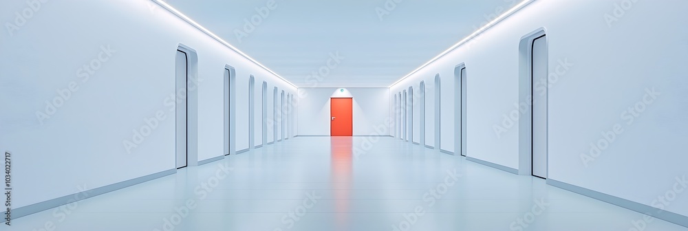 Poster Illuminated architectural corridor with parallel lines of lights creating a sense of depth dimension and modern minimalist design  The repetitive lighting pattern adds a geometric