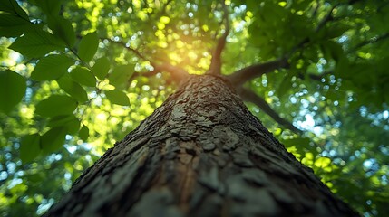 Fototapeta premium A low angle view looking up at the trunk of a large tree, the leaves in the canopy are backlit by the sun.