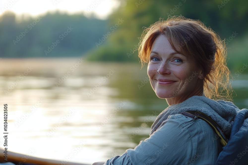 Poster A woman sits peacefully in a boat on a serene lake, surrounded by nature