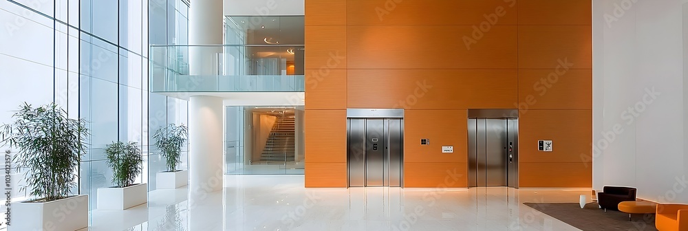 Poster luxurious and open modern office lobby with glass elevators radiating professionalism and a forward 