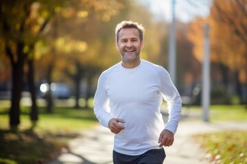 Fototapeta premium Portrait of a content man in his 40s sporting a long-sleeved thermal undershirt in bright and cheerful park background