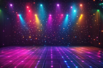 A vibrant and modern dance floor with no dancers, illuminated by bright colors