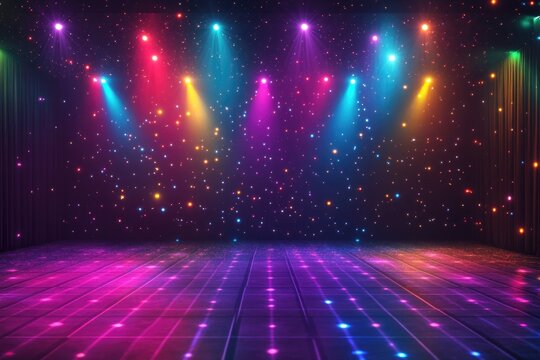 A vibrant and modern dance floor with no dancers, illuminated by bright colors