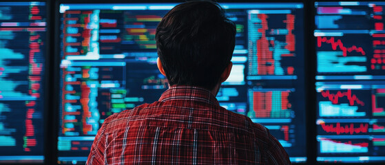 A professional analyzing financial data on multiple screens, showcasing graphs and charts in vibrant colors related to market trends.