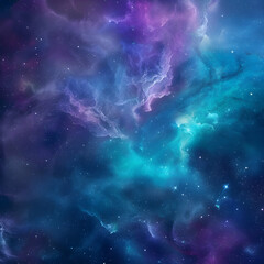 Fototapeta premium A vibrant nebula of blues, purples, and greens in space with stars, a background image for website design. 