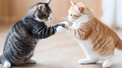 Two adorable house cats enthusiastically playing and wrestling on a wooden floor in a playful mid motion captured scene with an isolated background