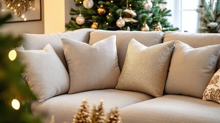 Fototapeta premium Living room featuring four Christmas-themed cushions on a plush sofa, complemented by minimalist holiday decor in a modern setting. --ar 16:9 --v 6.1 Job ID: 3ff56ed4-68d4-4324-914f-327fc27f88e1