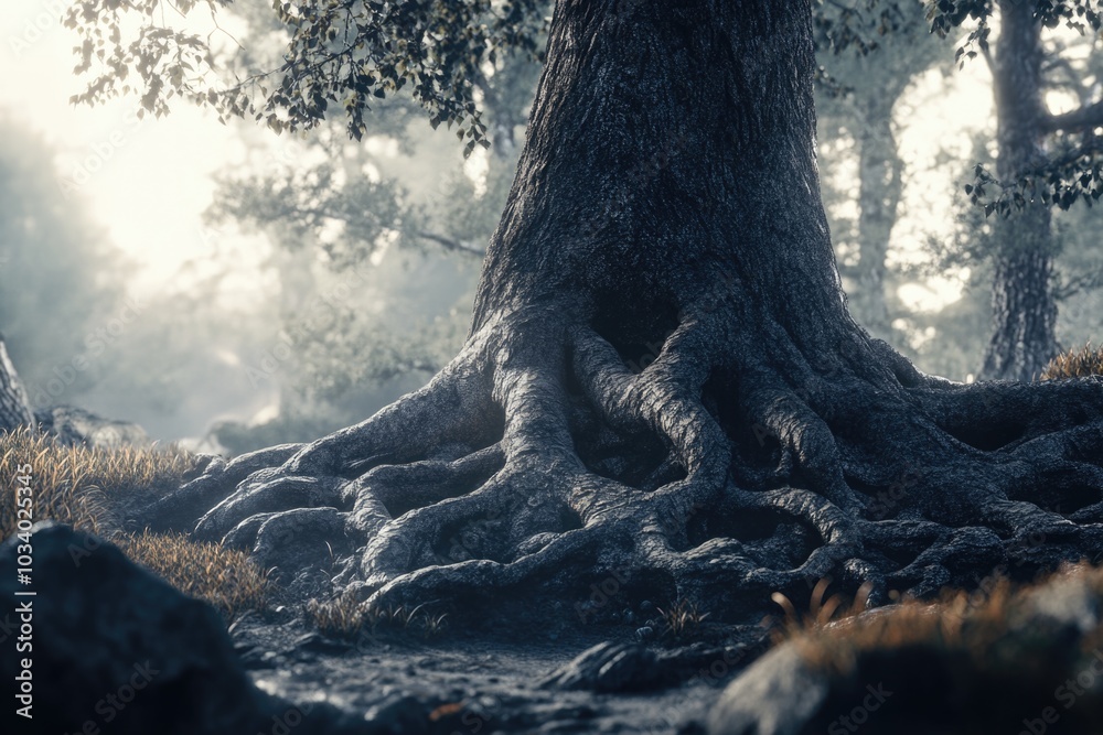 Poster a large tree with many visible roots, great for nature and environment illustrations