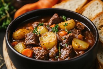 A warm bowl of homemade stew served with fresh bread and carrots, perfect for a cozy meal
