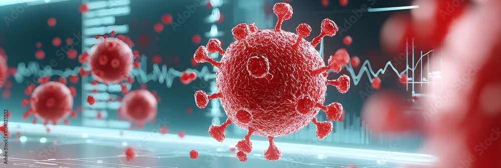 Poster microscopic 3d abstract of virus particles in a digital scientific background symbolizing medical re